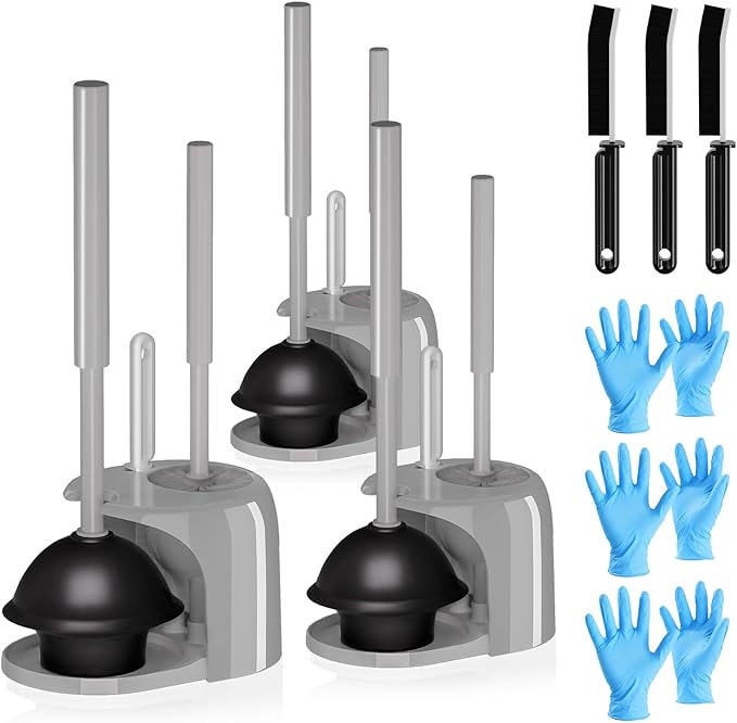 3PACK 4 in 1 Toilet Brush and Plunger Set with Crevice Cleaning Brush, Toilet Plunger and Brush Set with Extra Long Handle, Plungers for Bathroom Accessories, Toilet Plunger with Holder, Dark Gray