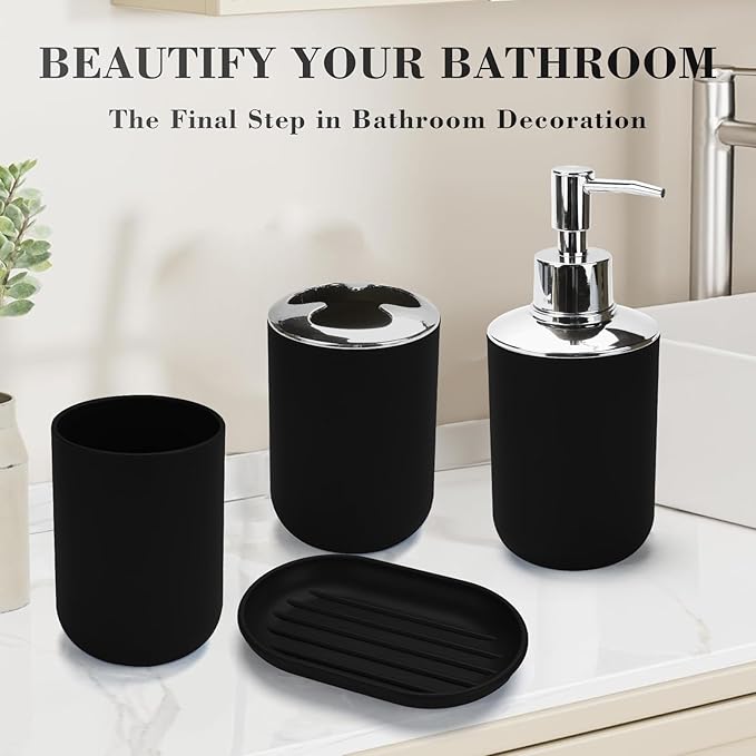 4 Pcs Bathroom Accessories Set,Bohemian Bathroom Toothbrush Holder Set.Include Soap Dispenser, Soap Dish, Toothbrush Holder, Mouthwash Cup, Modern Bahtroom Decor Set (Black, 4Pcs)