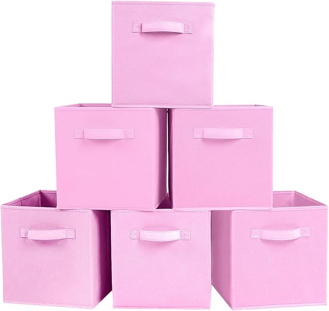 PowerKing Collapsible Storage Cubes with Handles, Fabric Foldable Bins for Closet Shelves, Durable Organization Storage Bins, 10.5'' x 11'' x 10.5'', 6 Pack, Pink