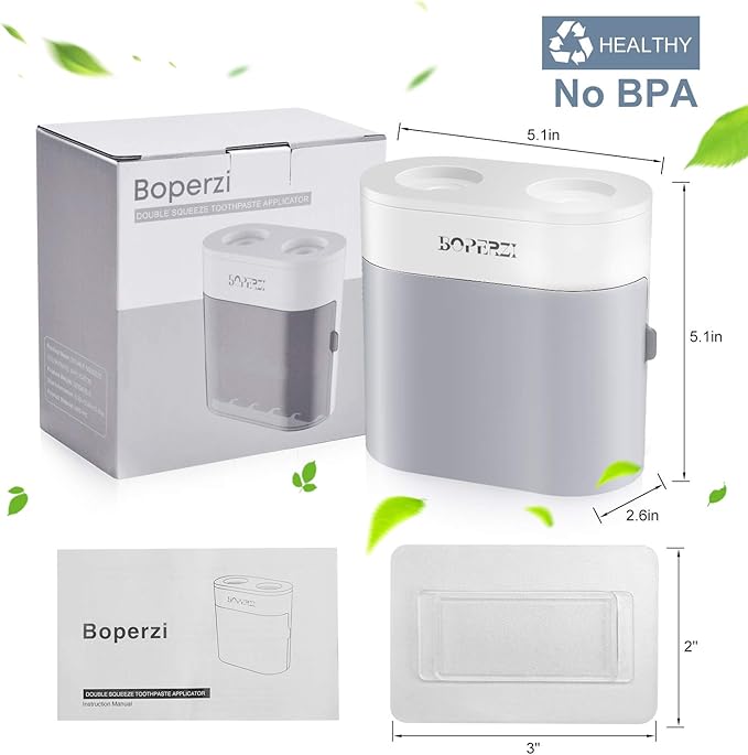 Boperzi Toothbrush Holder Wall Mounted Toothpaste Dispenser Gray Dustproof Cover for Shower Bathroom Set with 2 Toothpaste Squeezers (Not Electric)