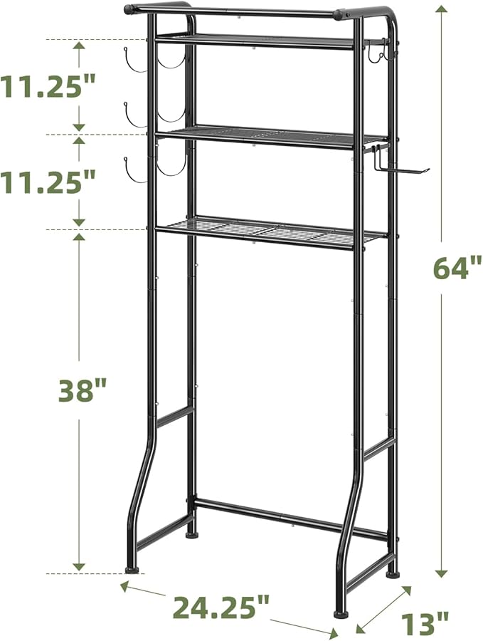 Simple Trending Over The Toilet Storage Cabinet, Metal Bathroom Shelf Organizer with Paper Holder and Hooks, 3 Tier, Black