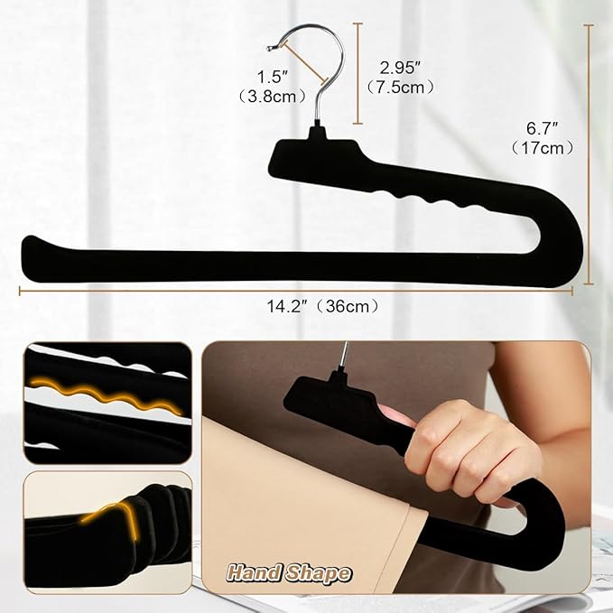 Velvet Pants Hangers - 32 Pack Black Non Slip Felt Slim & Sleek Heavy Duty Space Saving Closet Hangers with 360 Swivel Hook for Trousers, Shorts, Jeans, Suits, Towels