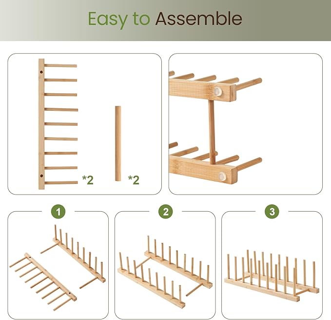 Bamboo Wooden Dish Rack-Plate Pot Lid Cutting Board Organizer Holder Rack for Cabinet-Kitchen Cabinet Organizer for Dish, Pots, Lids, Bowls, Bottles, Books, and Puzzle