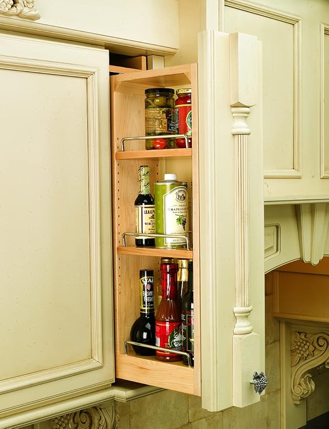 Rev-A-Shelf 6"W x 33"H Pull Out Quad Shelf Organizer for Wall & Base Kitchen Cabinets, Full Extension Filler Spice Rack, Adjustable, Wood, 432-WF33-6C
