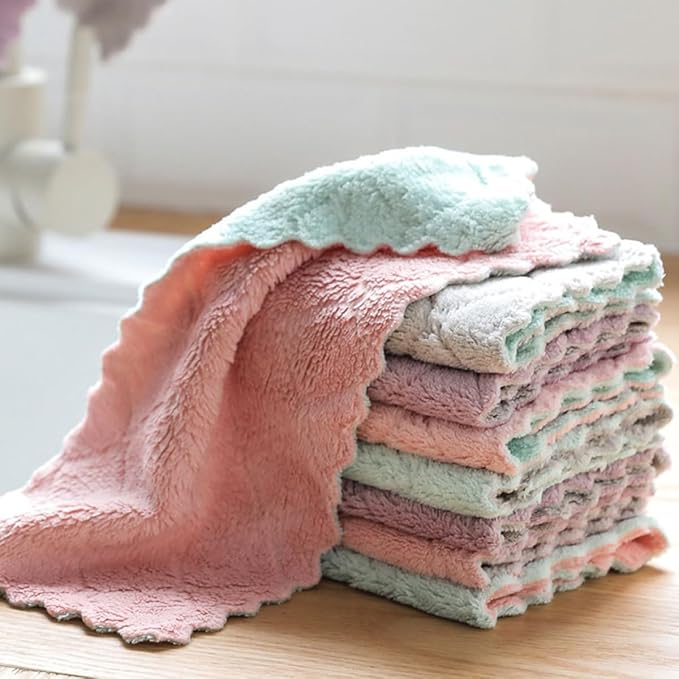 Beaupretty Microfiber Kitchen Dish Towels 20pcs Water Absorbent Thick Double-Layer Cleaning Cloths Nonstick Oil Microfiber Dishcloths for Household Tableware Cleaning Random Color