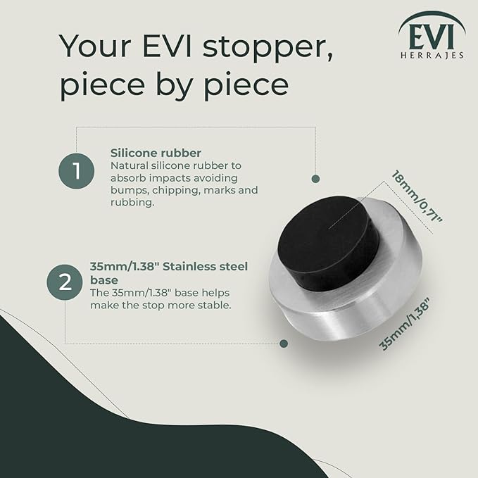EVI | Wall Mounted Doorstop | 0.7'' x 1.37'' | Natural Silicone Black Rubber | Adhesive or Screw Installation | Stainless Steel | Mod. I-254
