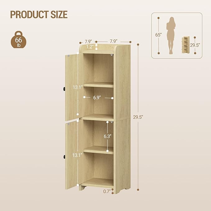 Bathroom Storage Cabinet, Small Corner Floor Cabinet with 2 Doors and Adjustable Shelf, Narrow Toilet Paper Cabinets, Bathroom Organizer for Small Spaces, 7.9"D x 7.9"W x 29.5"H Rattan Yellow
