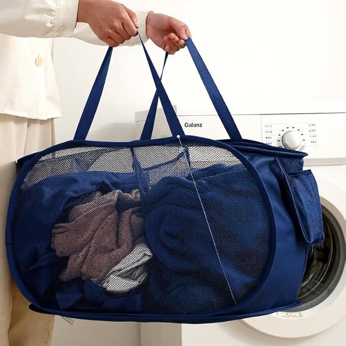 LINLOOM Foldable 2-Section Laundry Hamper Basket with Handles, 2-Pack Storage Organizer for Home, Breathable Mesh Divider Sorter for Whites & Colors, Collapsible Clothes Bin, Navy Blue