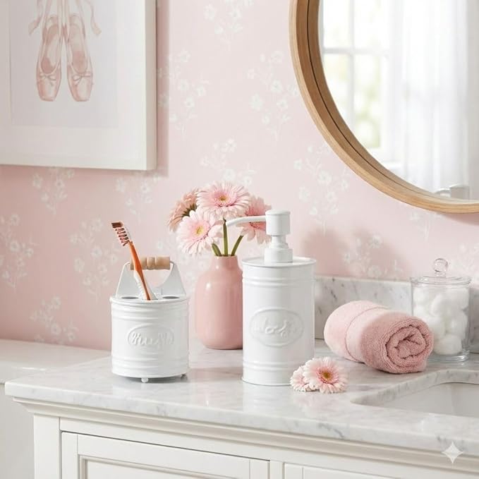 Autumn Alley Kids Bathroom Accessories Set – 2-Piece White Soap Dispenser & Toothbrush Holder, Farmhouse Bathroom Countertop Organizer for Kids, Durable Metal Bathroom Set with Wood Handle