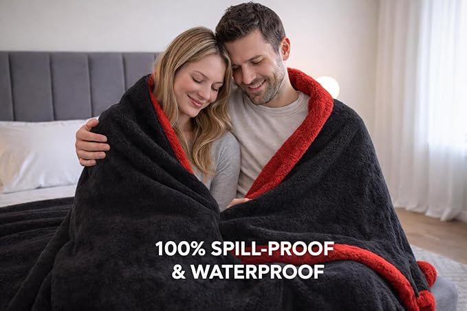 Waterproof Throw Blanket - Sherpa Fleece Reversible Throw, Soft Warm Leak-Proof Bed & Couch Protector for Kids, Pets & Everyday Spills (Velvet Red/Obsidian Black, Throw 50x60
