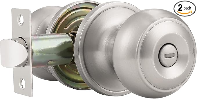 Probrico 2 Pack Round Privacy Door Knob (Thumb Turn Lock on The Inside), Keyless Door Knobs Interior/Exterior Lockset,Privacy Knobs for Bedroom/Bathroom, Satin Nickel Modern Design Door Hardware