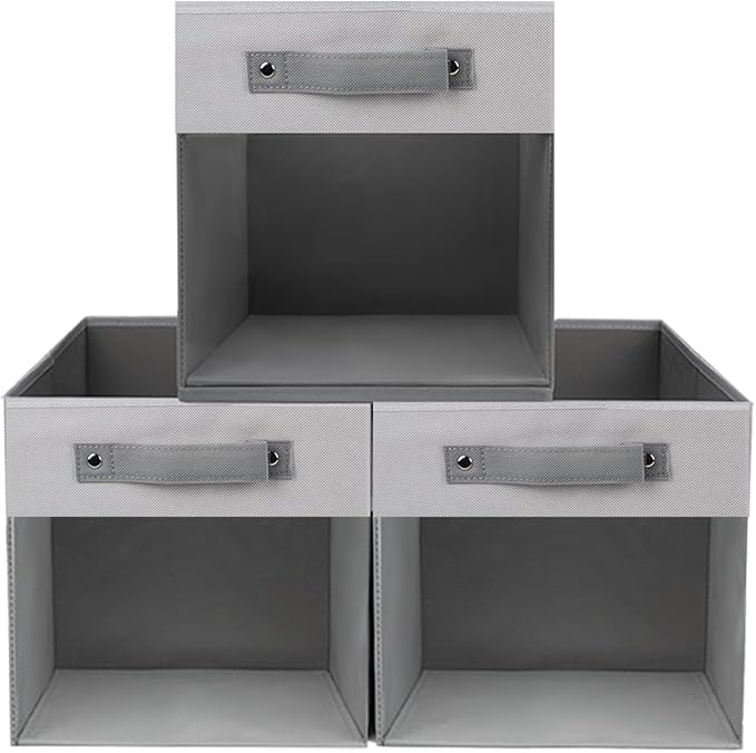 3-Pack Foldable Storage Cubes with Clear Window,Heavy Duty Fabric Storage Bins for Closet,Nursery,Office,Dorm & Home Organization,Space-Saving Box Organizer Basket for Books,Clothes,Toy (Gray & White)