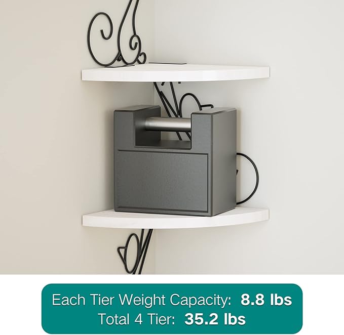 Alsonerbay Floating Corner Wood Shelves, 4 Tier Wall Mounted Rustic Storage Shelf, Cat Shaped Shelving for Wall, Solid Wooden Decor for Living Room, Bedroom, Kitchen, Bathroom, Office White