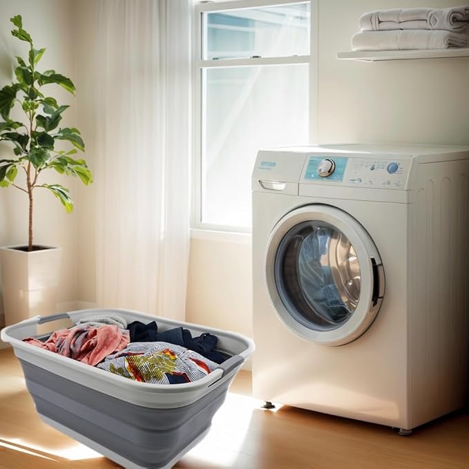 SAMMART 42L(11 gallon) Collapsible Plastic Laundry Basket-Foldable Pop Up Storage Container/Organizer-Portable Washing Tub-Space Saving,Water capacity 34L(9 gallon) (1 Rectangular - strengthen, Grey)