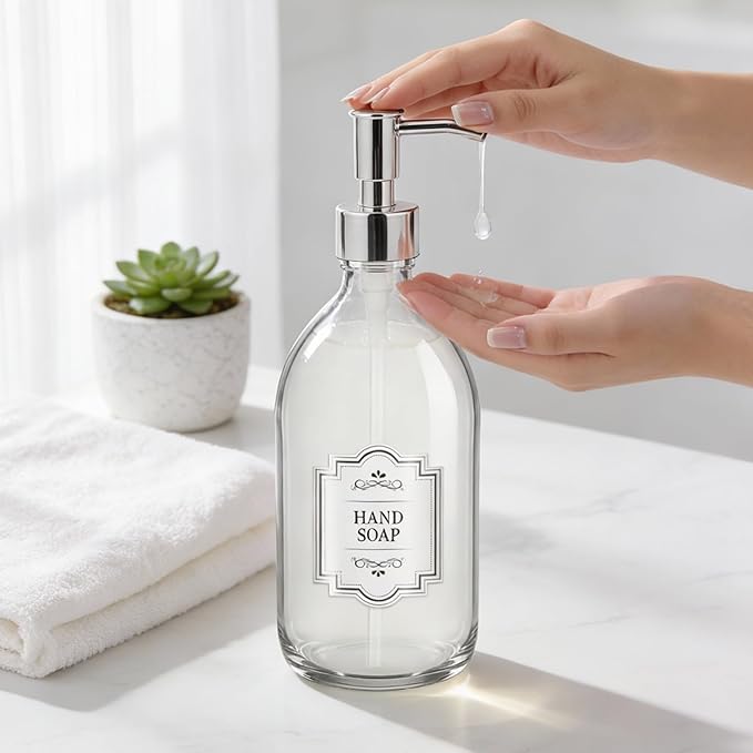 16 oz Clear Glass Soap Dispenser with Plastic Silver Pump, Glass Pump Bottle for Lotion Body Oil, 500ml Hand and Dish Soap Dispensers for Bathroom Kitchen - 2 Pack
