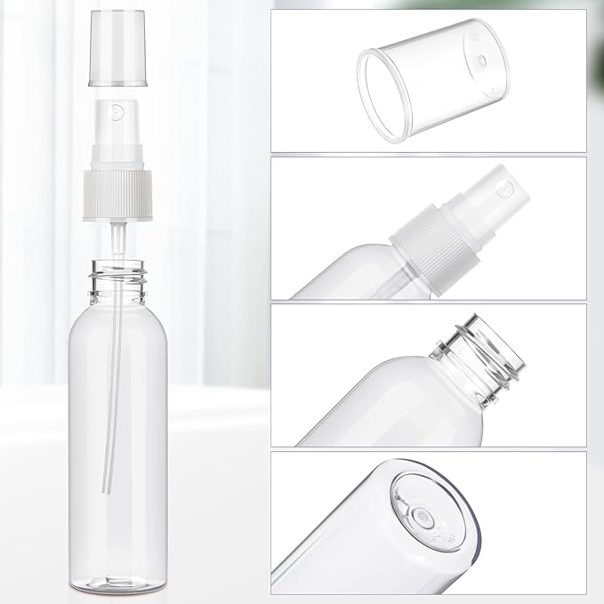Nuogo 100 Pack 2 Oz Plastic Spray Bottles Reusable Mini Travel Size Perfume Refillable Mist Sprayer Empty Spritz Bottle for Household Use Essential Oil Cleaning(Clear)