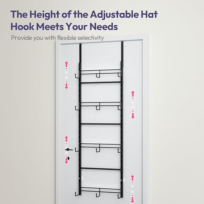 SWTYMIKI Over Door Hat Organizer - 4 Tier Metal Adjustable Wall Mounted Hat Rack with 12 Hooks Design, Hanging Baseball Cap Organizer Storage Holds up to 36 Caps for Door, Bedroom, Closet