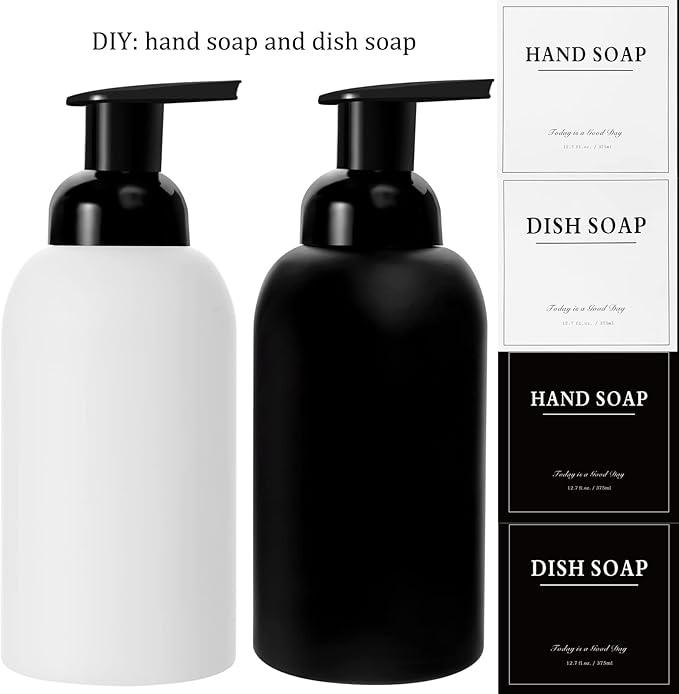 rejomiik 2 Pack Foaming Soap Dispenser Thick Glass Foam Hand Soap Dispenser for Bathroom or Kitchen Sink, 13 oz Pump Bottles for Hand soap, Body Wash, Matte Black and White
