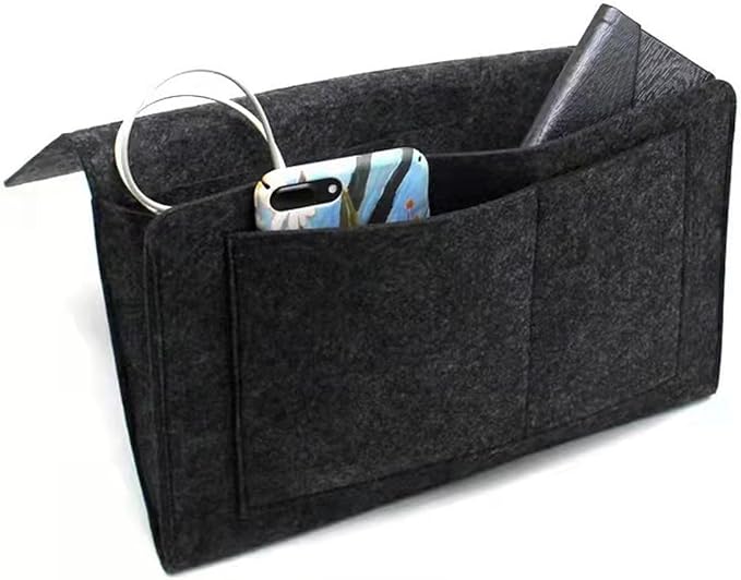 Bringsine 5 Pockets Bedside Caddy, Felt Bed Storage Organizer Hanging Bag Holder for Magazine Book Phone Tablet iPad Cables Remote and Glasses Holder Home Dorm Bed Sofa-Black