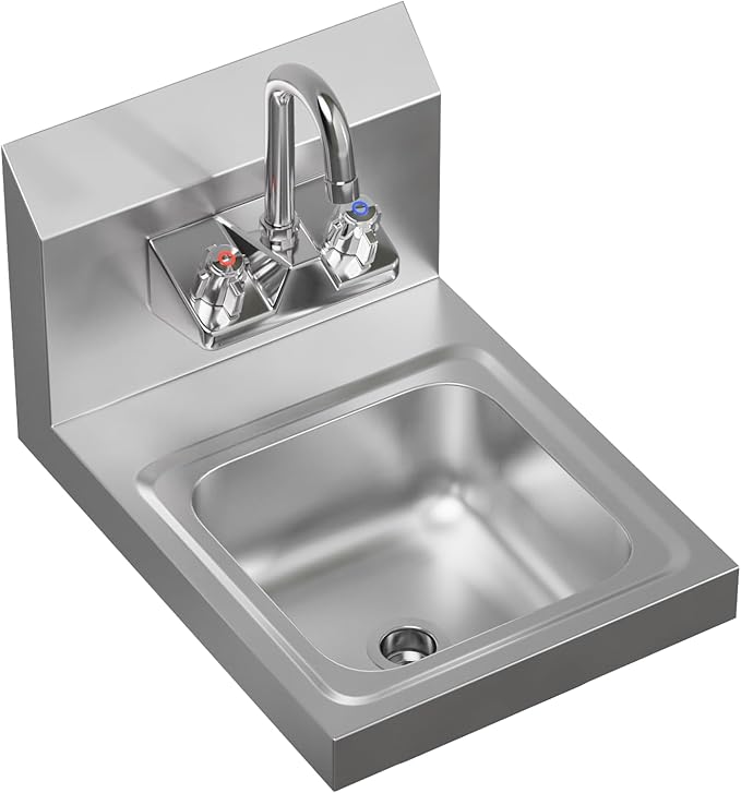 AmGood Stainless Steel Wall Mount Hand Sink 12" x 16" | NSF Commercial Hand Washing Basin with Faucet For Restaurant, Kitchen and Home | Bowl Size: 9" x 9"