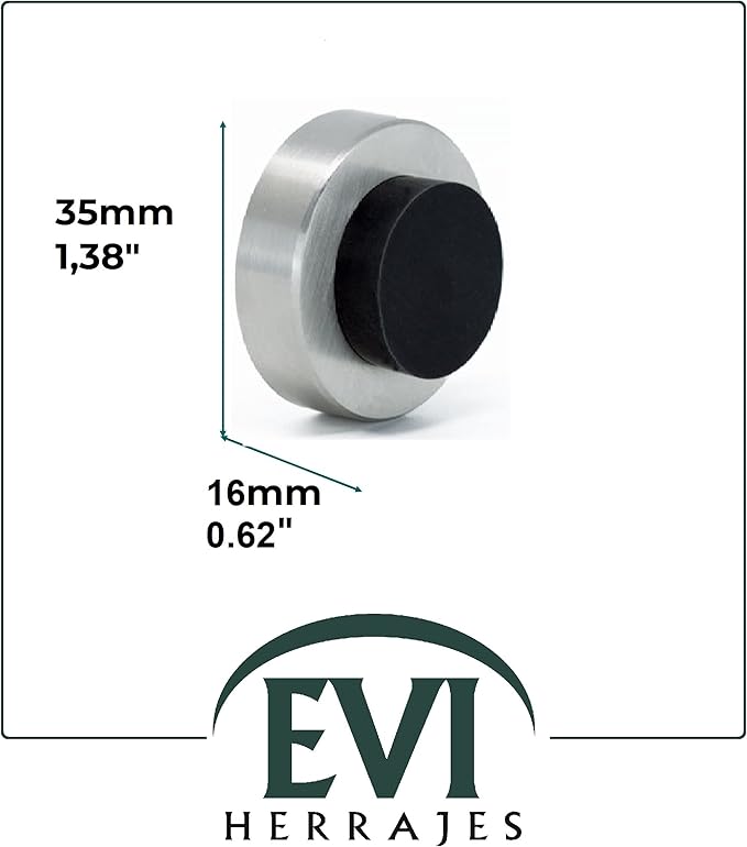 EVI | Wall Mounted Doorstop | 0.7'' x 1.37'' | Natural Silicone Black Rubber | Adhesive or Screw Installation | Stainless Steel | Mod. I-254
