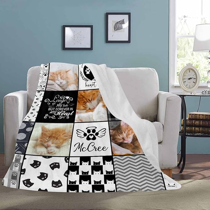 D-Story Pet Loss Sympathy Blanket Pet Loving Memorial Remembrance Gift Custom Blankets, Personalized Cat Lover Blanket with Photo Picture- Cat Passing Away Remembrance Gift