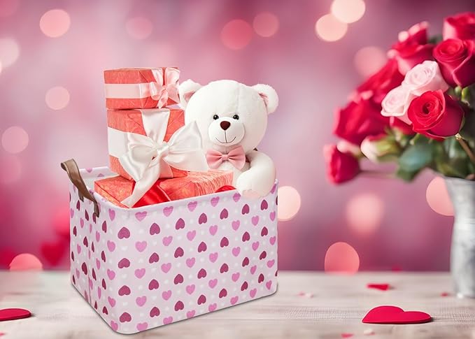 Rectangular Pink Heart Gift Basket Empty,Fabric Storage Basket with Handles,Kids Toys/Books Box,Lovely Storage Bin,Room Decor(Pink Love)