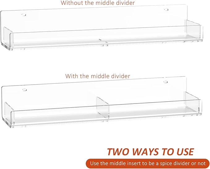 15 Inch Acrylic Spice Rack Wall Organizer Set of 3, Clear Wall Shelf for Home Organizer, Bottle Display, Jars, Spice, Wine, Books, Toiletries, 3 Pack