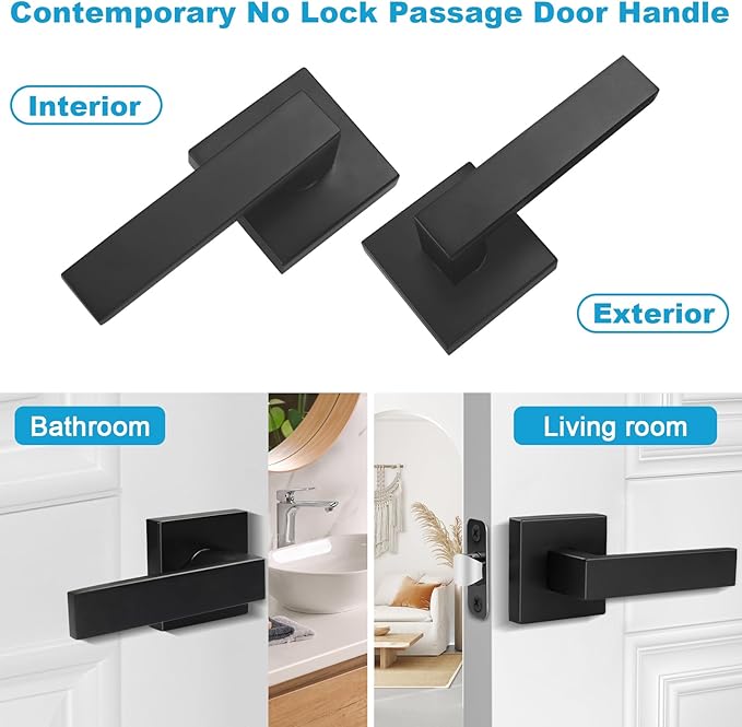 Estmoon 4 Pack Passage Door Knobs - Black Door Handle Interior Door Levers, Heavy Duty Non-Locking Locksets Hall Closet Handles, Reversible for Right & Left Sided Doors