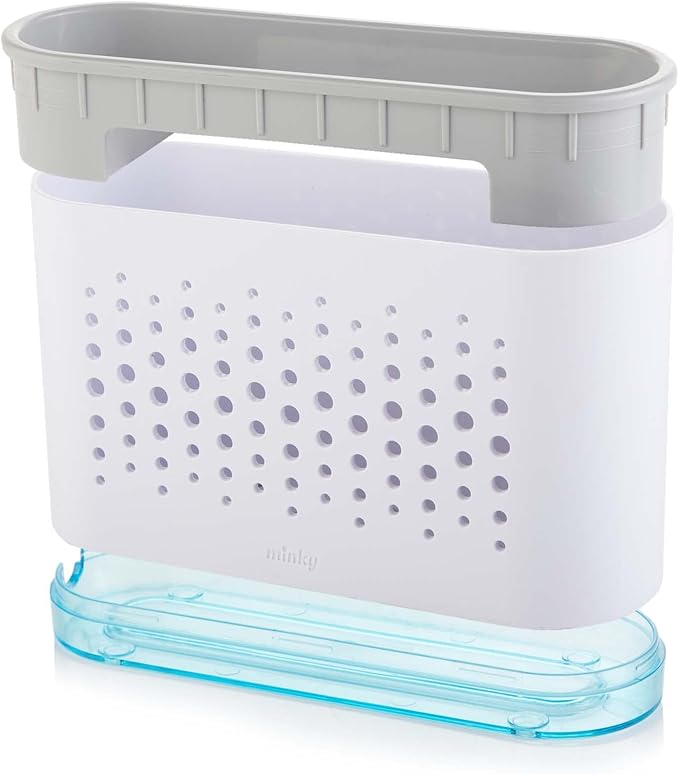 Minky Slimline Sink Caddy - Sponge and Brush Holder for Kitchen, Sink Organizer with Brush Compartment, Removable Tray, Drainage Spout - Slim Design Fits Anywhere - Made in UK (White)