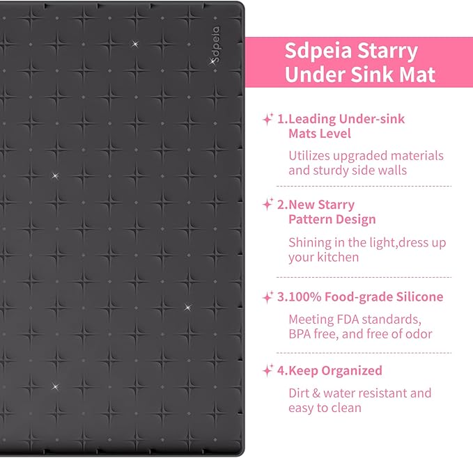 Sdpeia Under Sink Mat 22"×19" Waterproof Silicone Cabinet Liner & Sink Protector for Kitchen & Bathroom, Multi-Purpose Organizers Tray for Pets, Laundry, Cat Litter Mat, Black