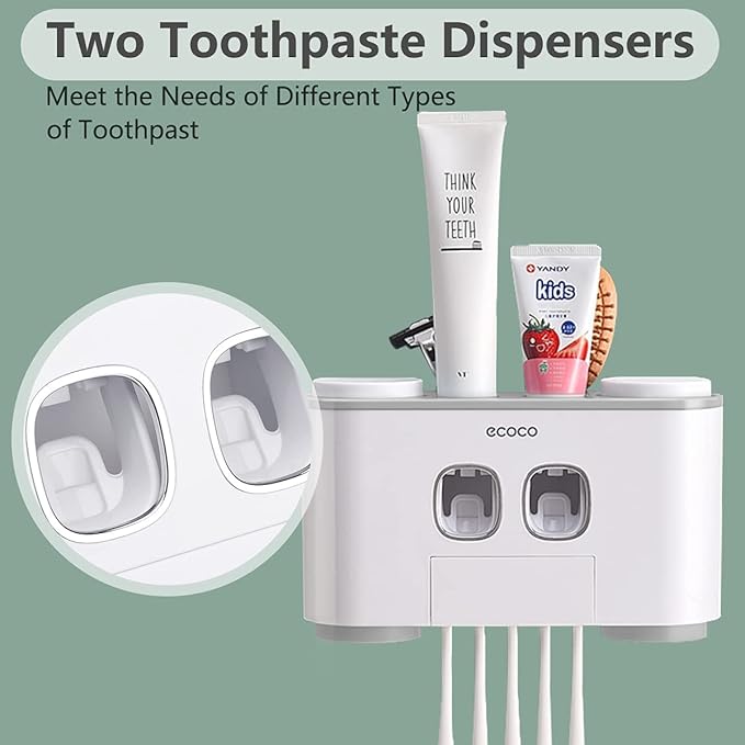 Toothbrush Holders with Toothpaste Dispenser Wall Mounted for Bathroom-4 Cups Automatic Electric Tooth Pastetooth Squeezer-Bathroom Organizer Storage Accessories Set for Kids with 5 Toothbrush Slots