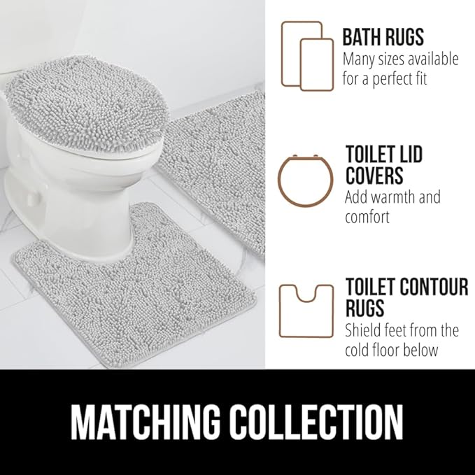 GORILLA GRIP Plush Absorbent Shaggy Chenille Bath Rug Mat for Square Toilet Base with Rubber Backing, Machine Washable Rugs, Soft Microfiber Contour Mats for Toilets, Bathroom Decor, Lt Gray