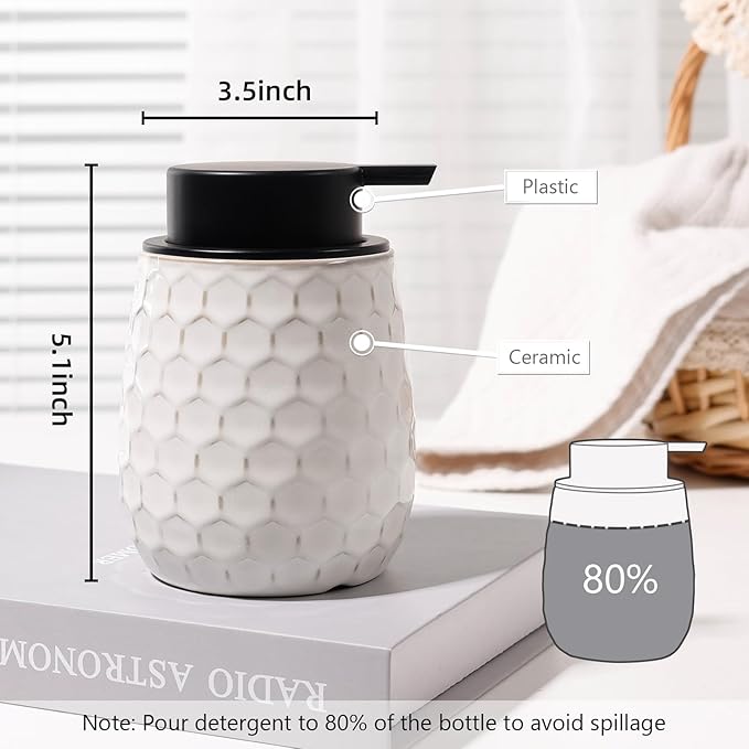 Soap Dispenser, 12 OZ Ceramic Liquid White Hand Soap Dispenser with Honeycomb Design for Kitchen or Bathroom, Refillable Dish Lotion Dispenser, ANTIS'S HOME
