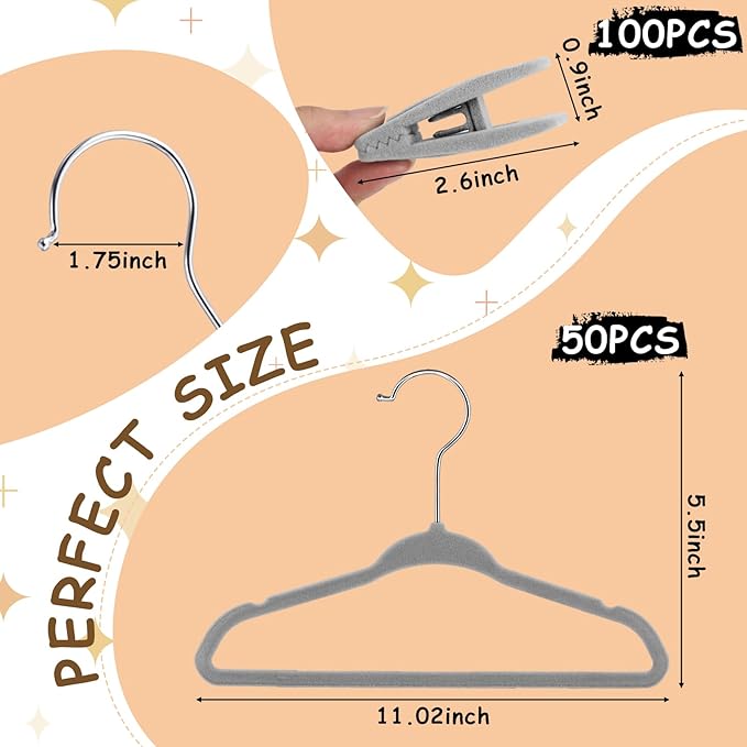 Soaoo 50 Pack Premium Baby Velvet Hangers with Adjustable 100 Clips, Non Slip 11 Inch Slim Kids Closet Organizer for Pants, Dresses & Matching Outfits, Nursery & Toddler Wardrobe (Grey)