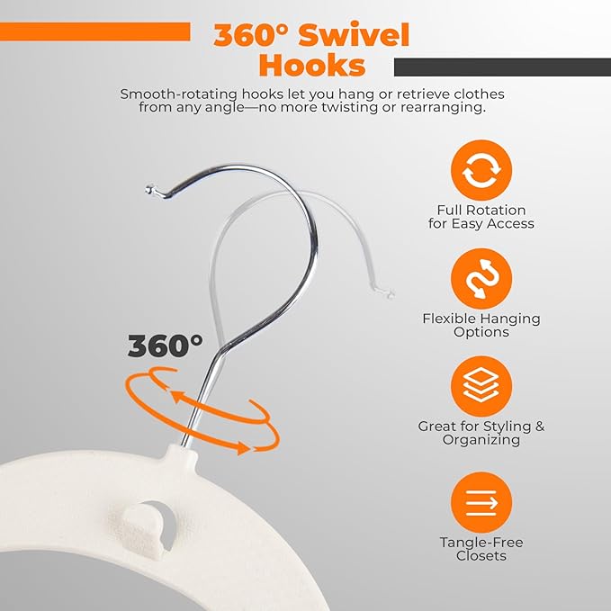 Lightweight White Plastic Hangers 10 Pack with Cascading Hook, Space Saving Thin, Closet Organizer, Orange Anti-Slip Pads, 360° Swivel, Tie Holder