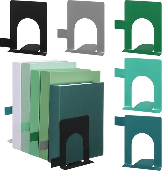 5 Set Metal Book Ends for Shelves Book Shelf Dividers Library Shelf Marker Bookends Stopper Colorful Office Stand Holder for Heavy Books Desk Home Movies Kitchen Cds(Gray Green)