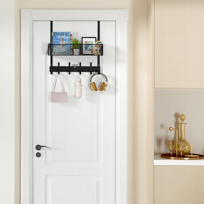 LUCYCAZ Over The Door Hooks - Over Door Organizer, Door Hanger Towel Rack with Mesh Basket & Wreath Hanger, Behind Door Storage Coat Hooks for Bathroom, Bedroom, Kitchen (Black)