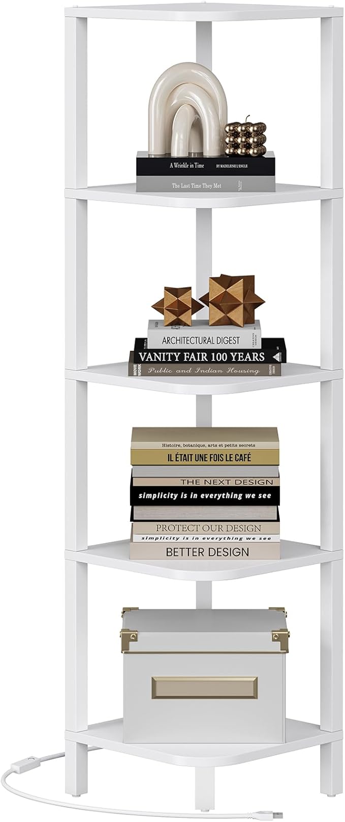TUTOTAK Corner Shelf with LED Light, 5-Tier Corner Bookshelf for Small Space, Narrow Display Corner Shelf Stand with Storage Rack, for Living Room, Bedroom, White BS08BW005L