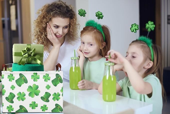 Rectangular Four Leaf Clover Lucky Gift Basket,St. Patrick's Day Toys Storage Bin for Kids,Baby Room Decor(Clover)