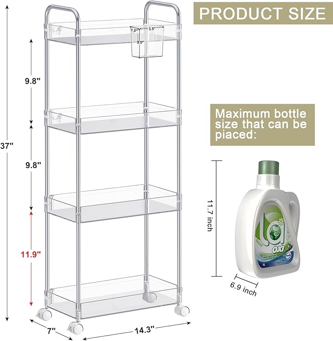 SPACEKEEPER Acrylic Rolling Storage Cart 4 Tier Clear Bathroom Cart Organizer, Transparency Rolling Utility Cart Laundry Room Organization Multifunction Mobile Shelving Unit for Office, Living Room