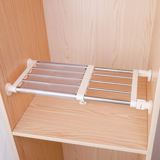 Hershii Closet Tension Shelf & Rod Expandable, Adjustable Storage Rack Metal Organizer DIY Divider Separator for Cabinet Wardrobe Cupboard Kitchen Bathroom