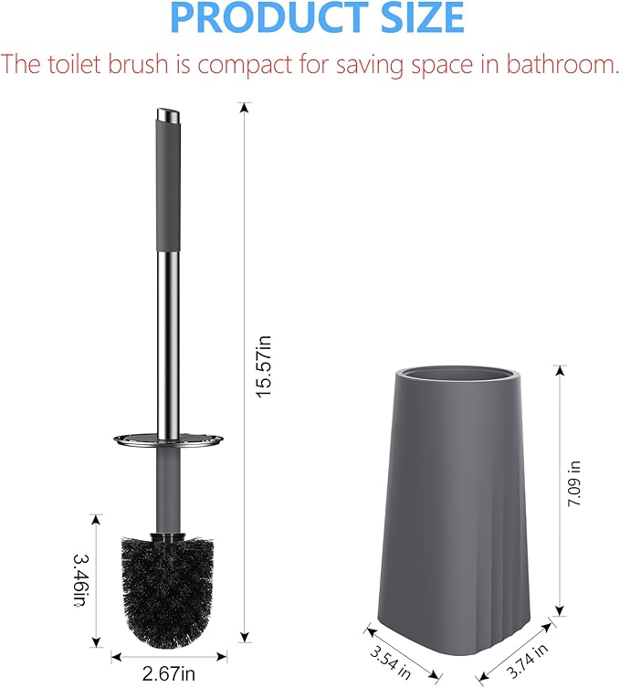 SetSail Toilet Brush, Compact Size Toilet Bowl Brush and Holder Toilet Brushes for Bathroom with Stainless Steel Handle Toilet Cleaner Brush with Durable Scrubbing Bristles, 3 Packs，Gery