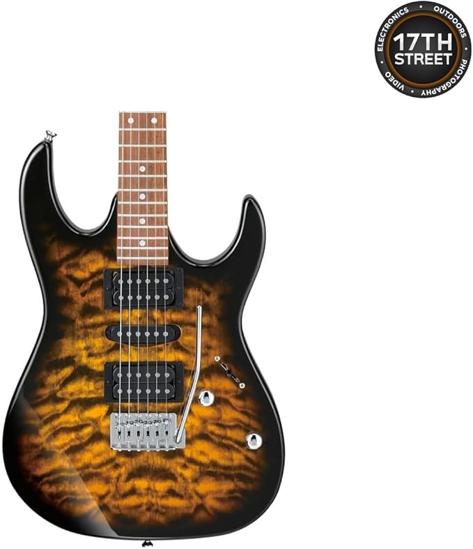 Ibanez 6-String Solid-Body Electric Guitar (Sunburst) - Right Handed Bass with GSF50 Powerpad Strap, String Capo, 15 Pack Guitar Picks with Storage Box & Microfiber Cleaning Cloth (Bundle Set)