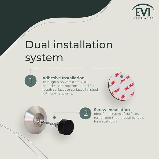 EVI Herrajes | Doorstop for Wall Mounting | 45 x 17 mm | Stainless Steel | Black and White Rubber Included | Adhesive Installation or with Screw