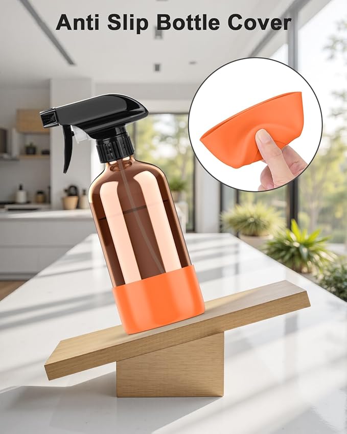 Amber Glass Spray Bottle with Silicone Sleeve Protection, 16 oz Refillable Spray Bottle for Cleaning Solutions, Plants, Aromatherapy, Facial Hydration (Orange Sleeve(Amber Bottle)