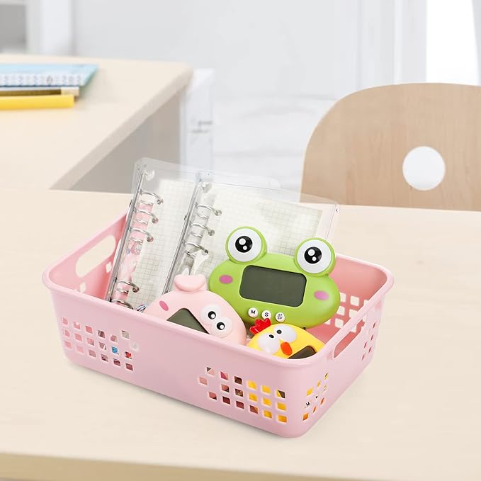 Jucoan 10 Pack Plastic Storage Baskets, 10.5 x 7 x 3.5 Inch Colorful Classroom Storage Organizer Baskets Trays with Grip Handles for Desktop, Drawer, School Supplies,5 Colors