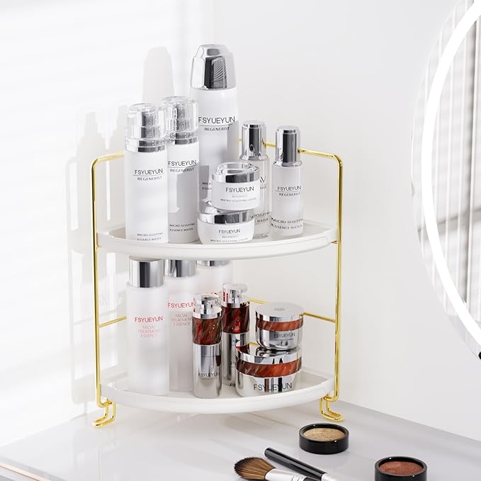 FSyueyun 2-Tier Corner Bathroom Counter Organizer, Tool-Less Installation Vanity Shelf Small Plastics Countertop Makeup Tray Skincare Perfume Organizers (Gold)