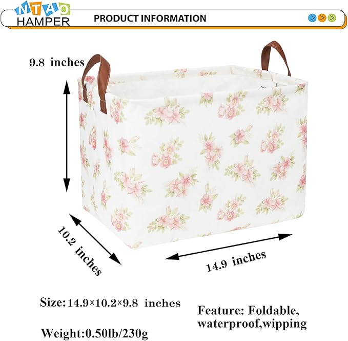Rectangular Pink Flower Basket for Girls, Storage Bin with Handles, Room Decor, Gift Basket(Pink Flower)