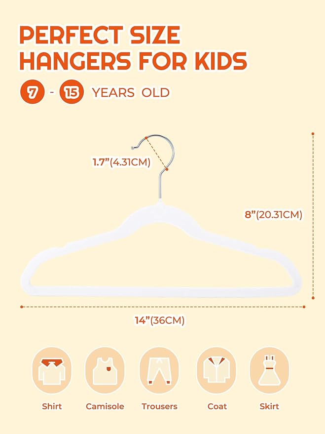 HOUSE DAY 14 Inch Kids Velvet Hangers 50 Pack, Durable Big Kids Hangers for Youth,Teen, Non Slip Kid Felt Hanger, Cute Childrens Hanger for Closet, White